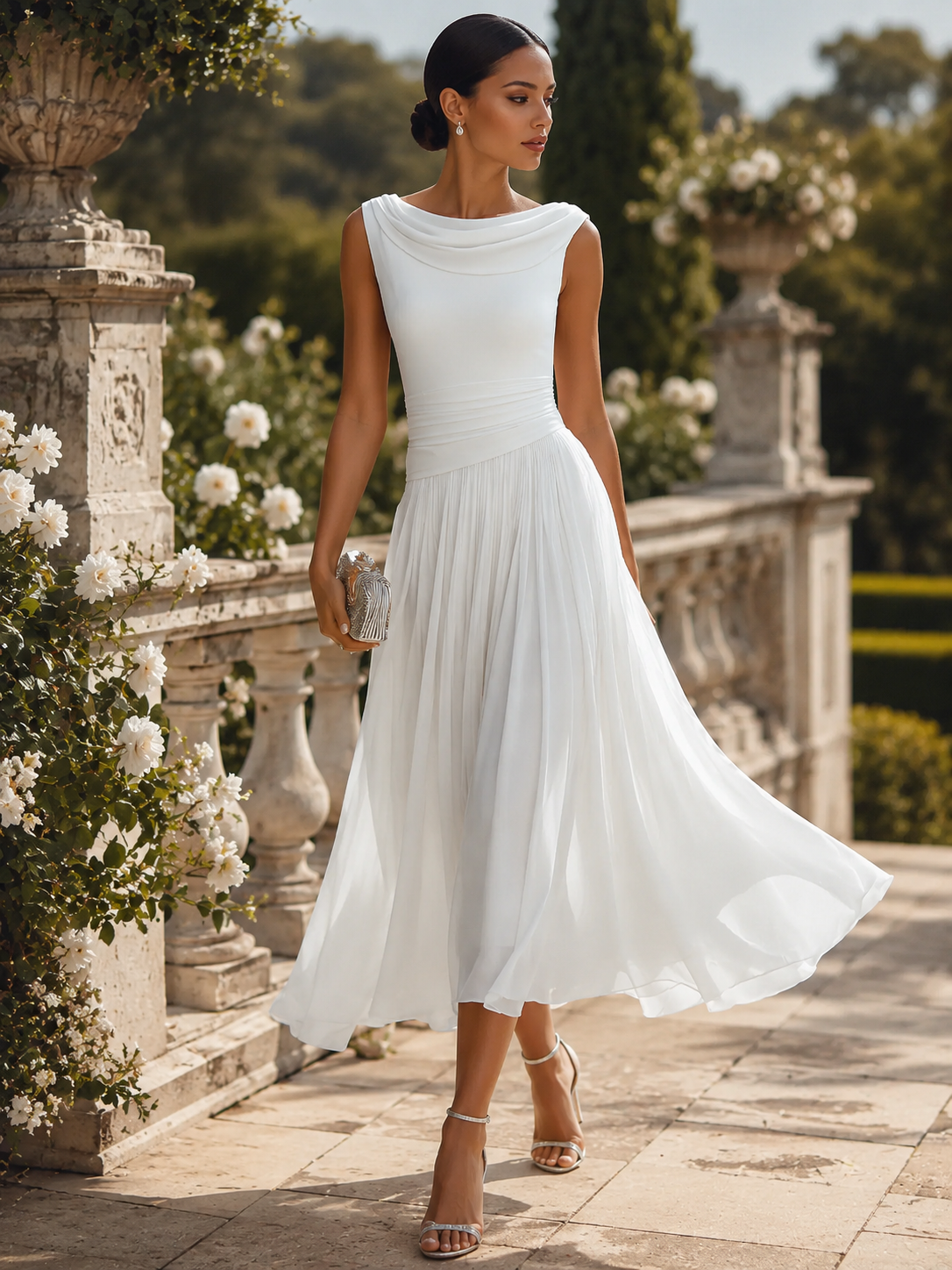 Vestido sin mangas, con pliegues y escote fluido