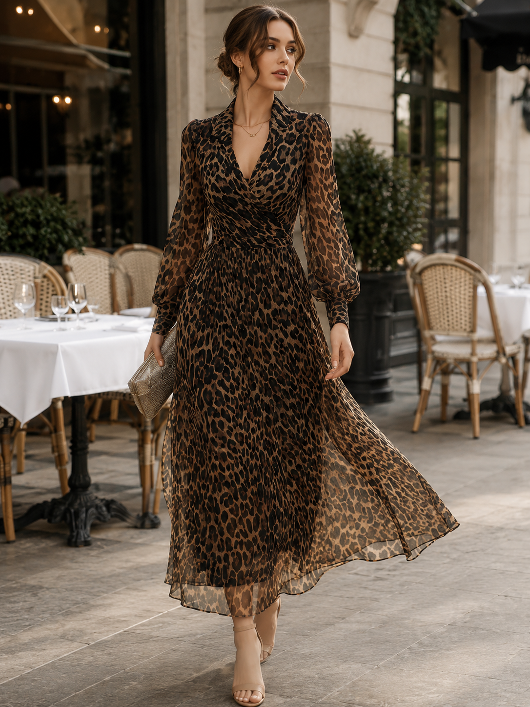 Vestido cruzado con estampado de leopardo y mangas largas