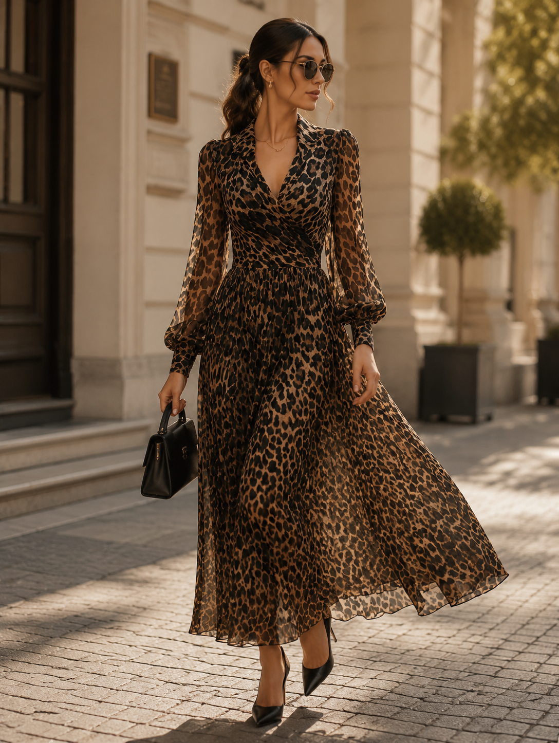 Vestido cruzado con estampado de leopardo y mangas largas
