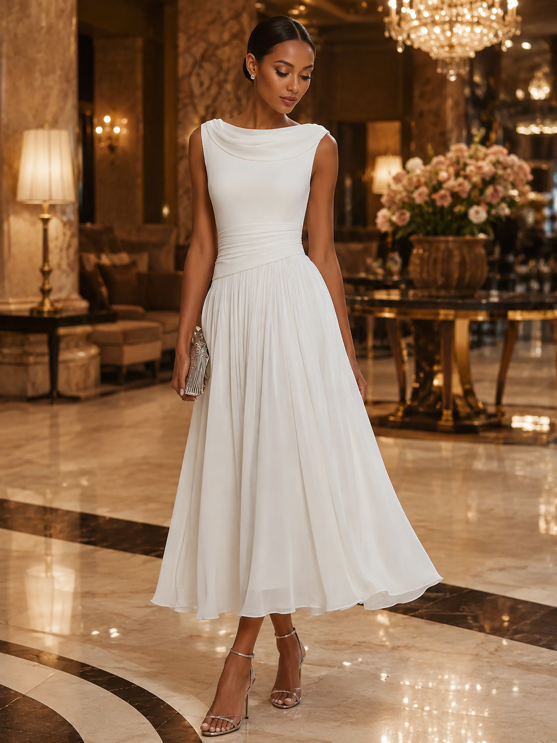 Vestido sin mangas, con pliegues y escote fluido
