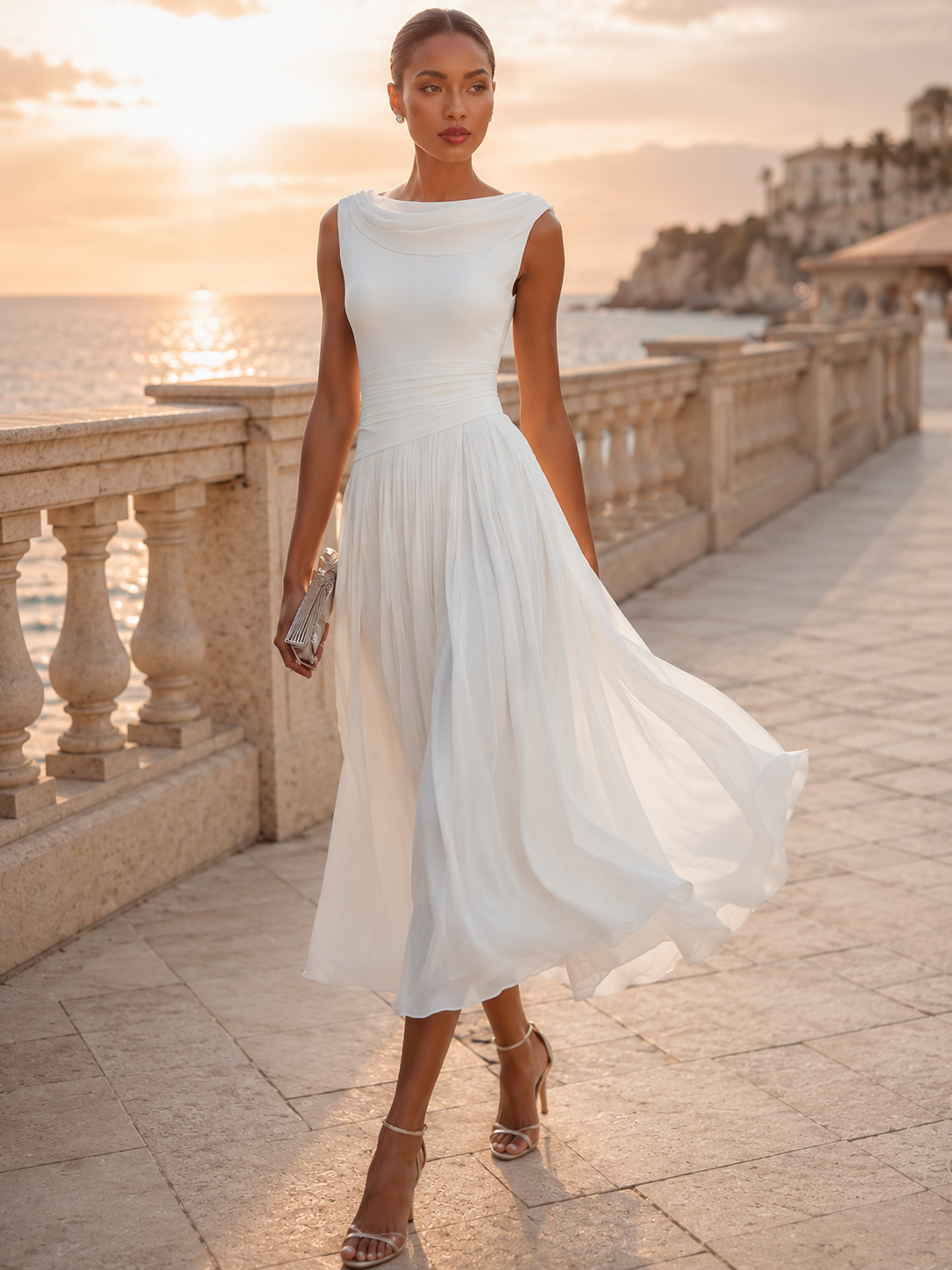 Vestido sin mangas, con pliegues y escote fluido